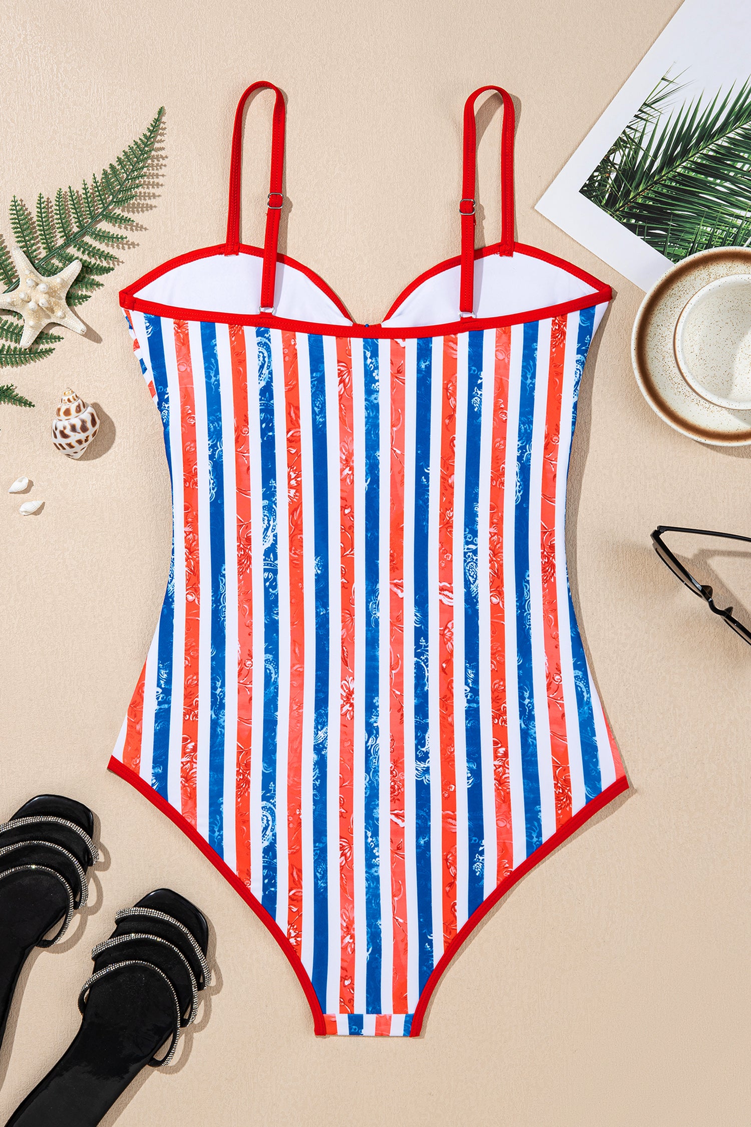 Red July 4th Stripes Impression Cutout Spaghetti Straps One Piece Swimsuit