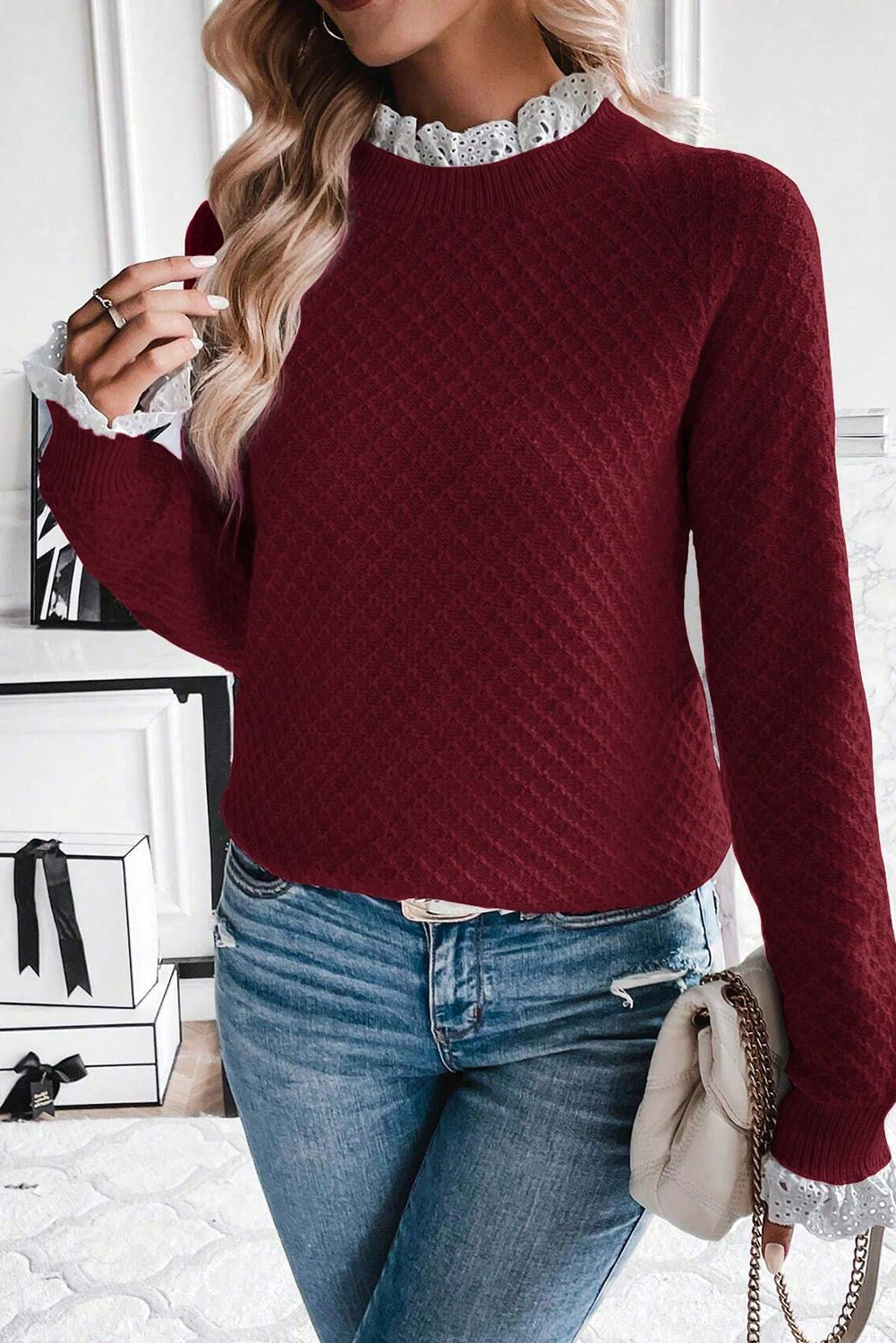 Burgundy Contrast Lace Frill Trim Raglan Sleeve Sweater