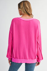 Strawberry Pink Twisted Ribbed Seamed Patchwork Long Sleeve Top