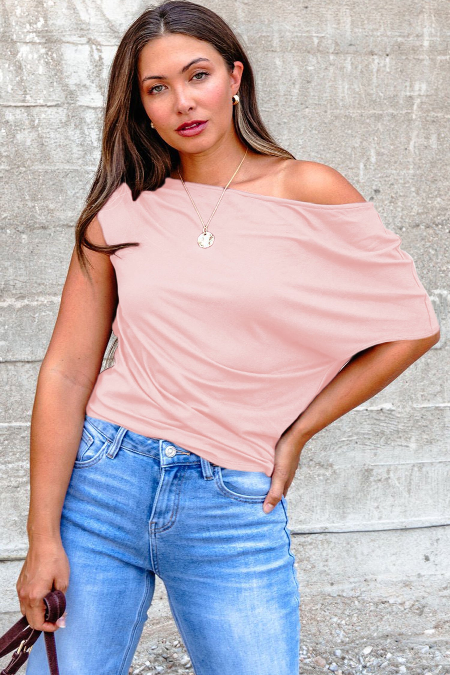 Burgundy Plus Size Solid Color Asymmetric Neck Short Sleeve Blouse