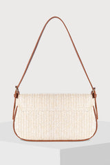 White Raffia Woven PU Leather Trim Shoulder Bag