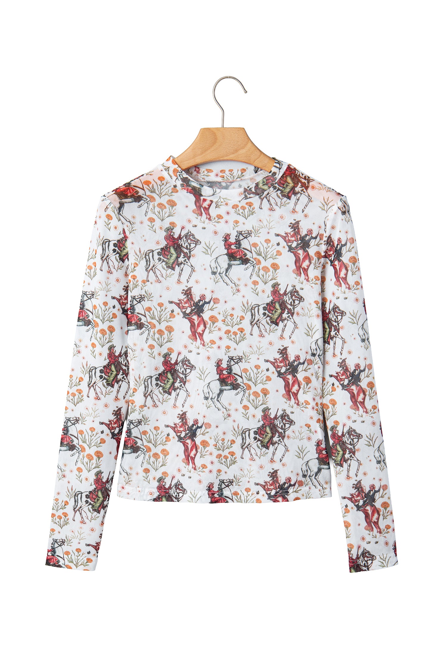 Brown Western Cowboy Floral Print Sheer Mesh Long Sleeve Top