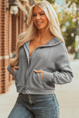 Gray Waffle Splicing Zip Up Front Button Hooded Jacket