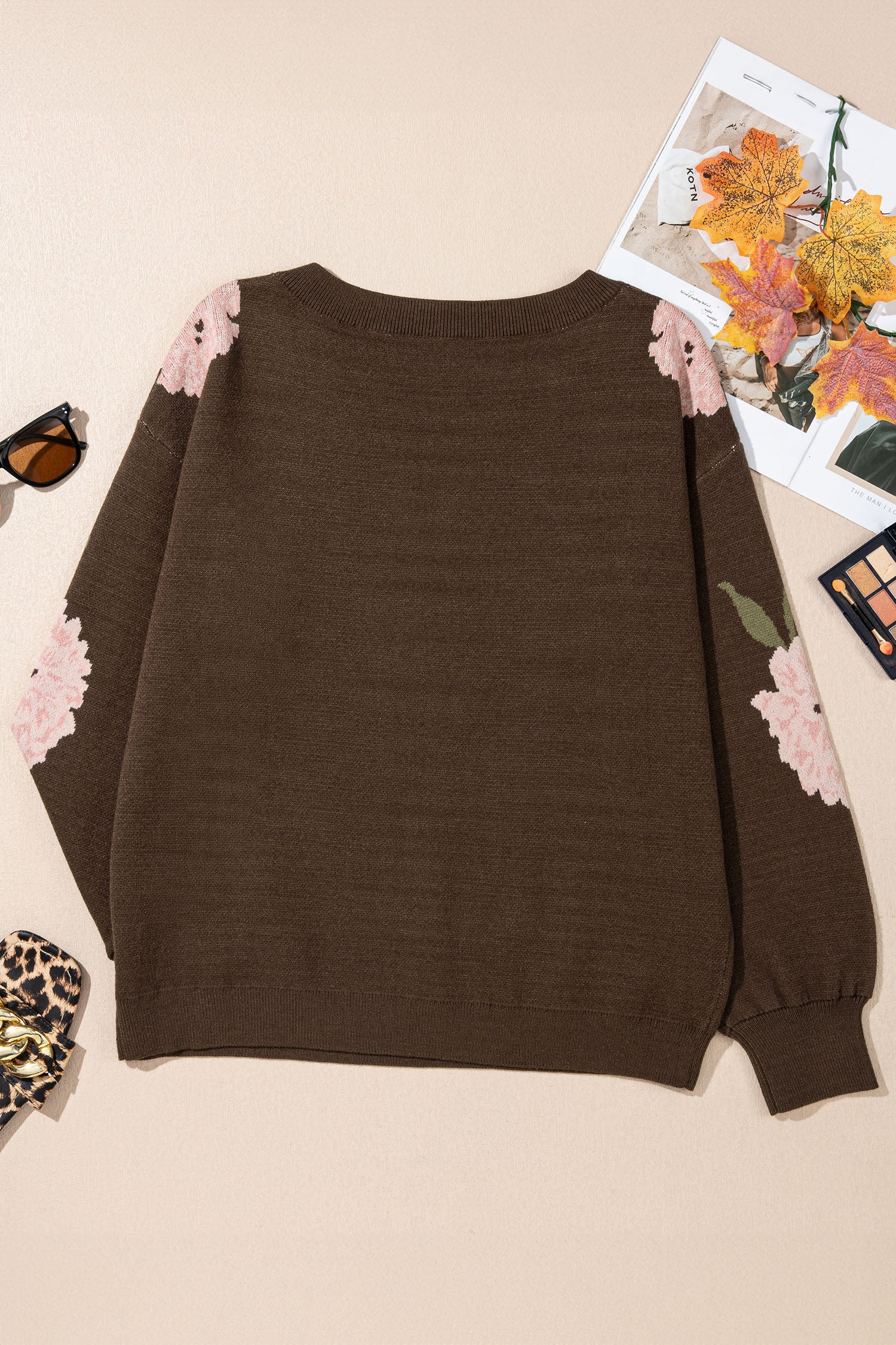 Dark Brown Floral Print Drop Shoulder Relaxed Pullover Sweater