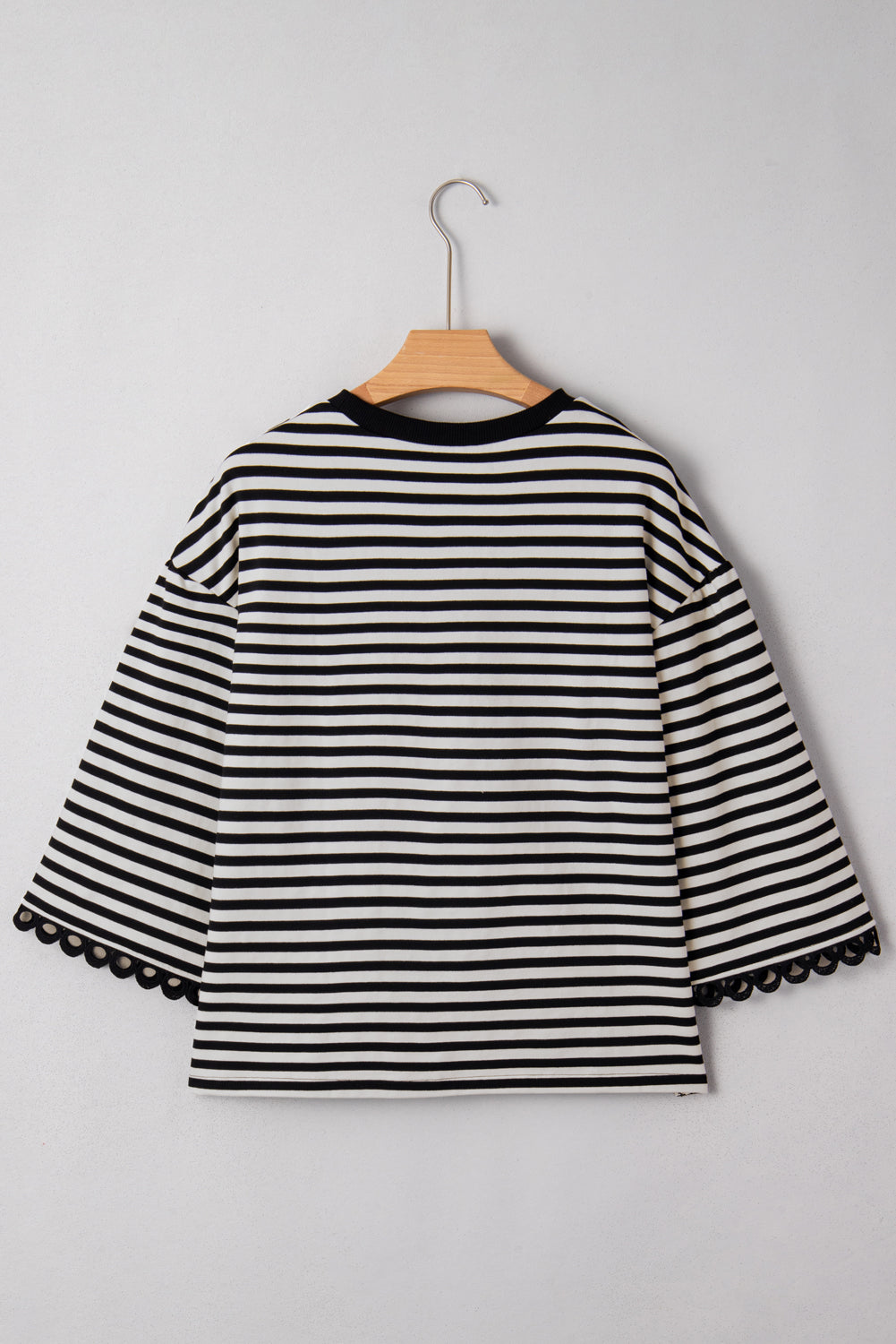 Black Striped Round Neck Contrast Trim Bell Sleeve Top