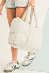 White Solid Quilted Puffy Zipped Large Tote Bag