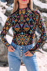 Color black Abstract Print Long Sleeve Stand Neck Mesh Top