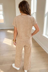 Light French Beige Solid Color Short Sleeve Ribbed Top Casual Pants 2pcs Set