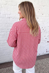 Red Plaid V Neck Long Sleeve Tunic Loose Fit Plus Size Shirt