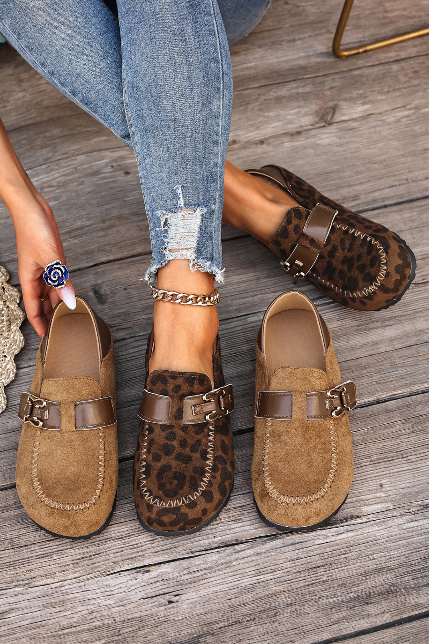 Khaki Faux Suede PU Leather Patchwork Retro Buckle Slip On Shoes