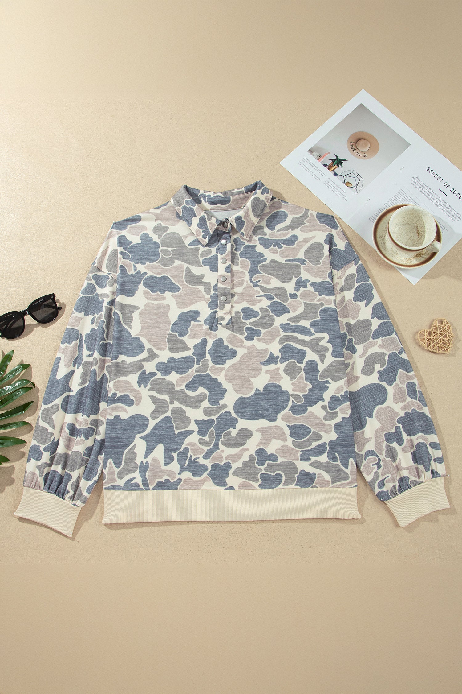 Multicolour Casual Camo V-Neck Buttoned Plus Size Sweatshirt