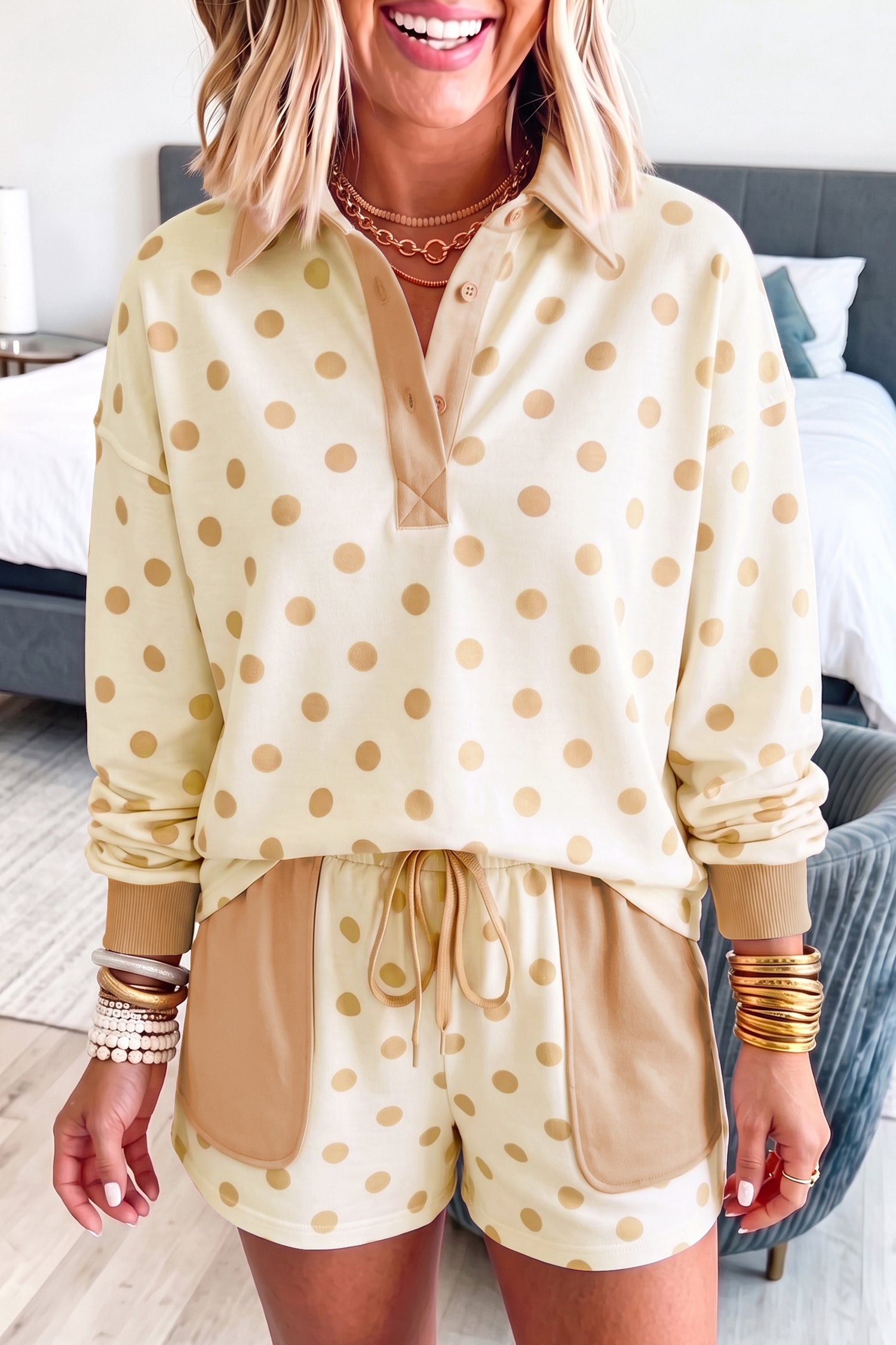 Pink Polka Dot Drop Shoulder Polo Loose Pullover Patch Pocket Casual Shorts Set