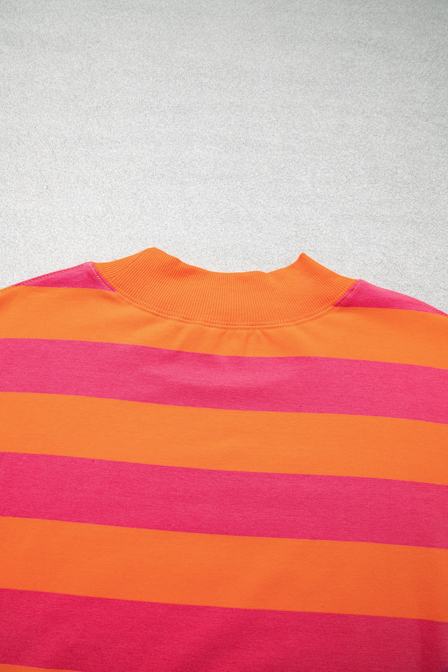 Orange Stripe Ribbed Trim Stand Neck Dropped Shoulder Plus Size Sweatshirt