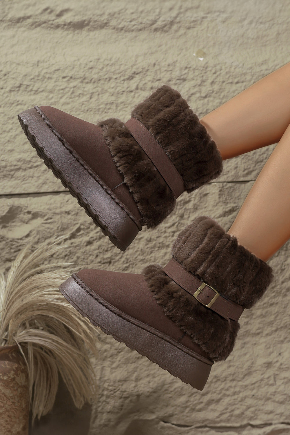 Dark Brown Faux Fur Plush Winter Snow Boots