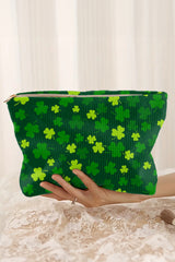 Blackish Green St Patricks Lucky Clover Printed Soft Ribbed Makeup Bag