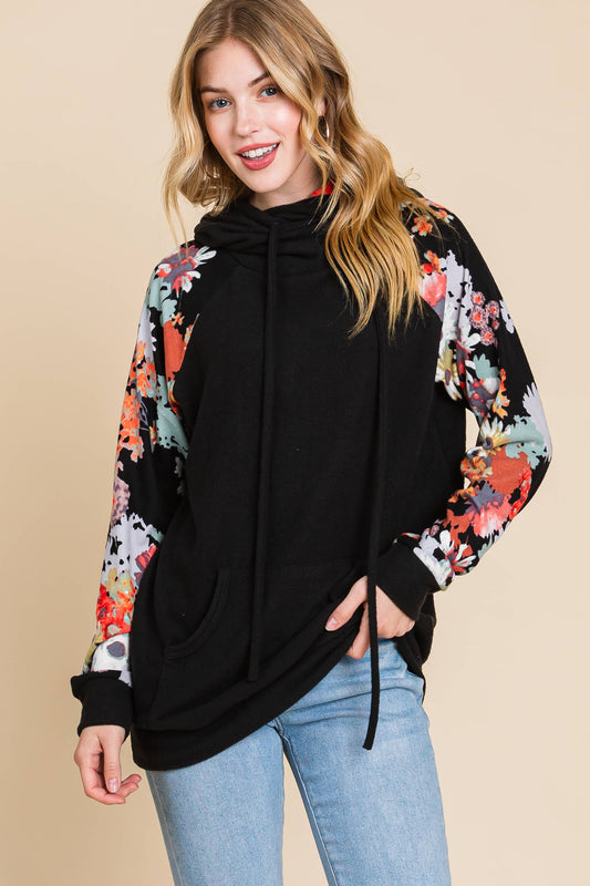 FLORAL RAGLAN SLEEVE KNIT HOODIE