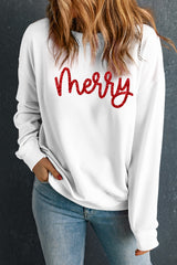 Beige Glitter Merry Graphic Transfer Vinyl Process Crew Neck Sweatshirt