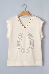 White Horseshoe Embroidered Star Trim V Neck Loose Tank Top