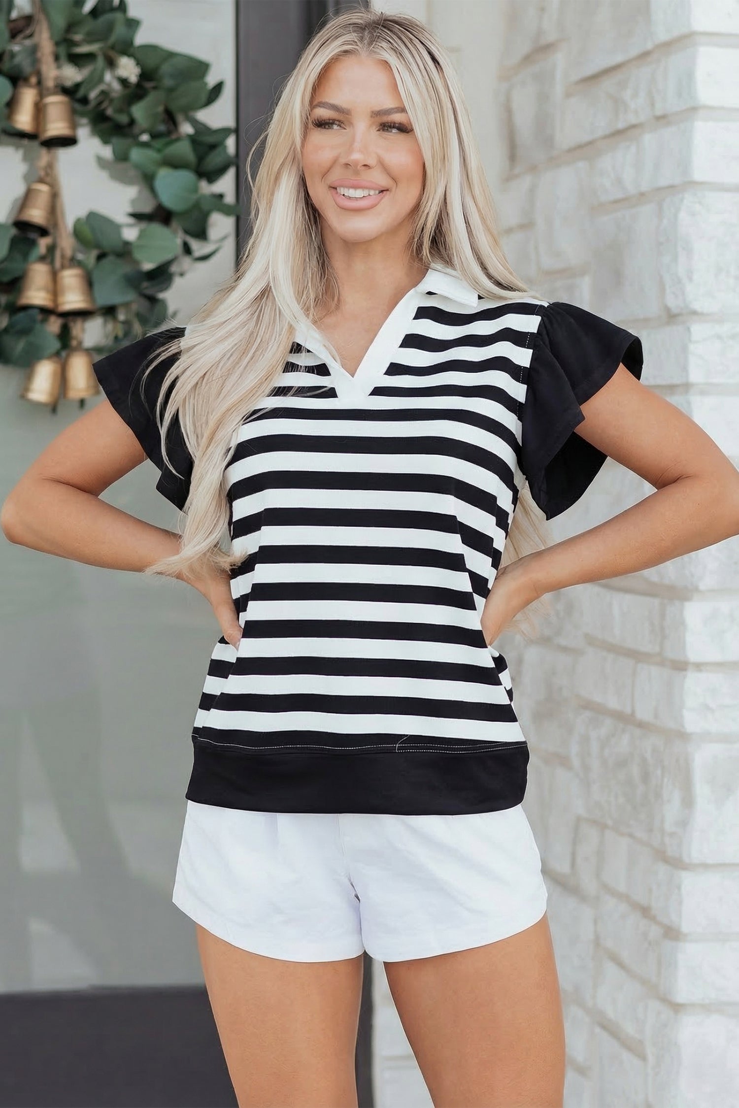 Pink Stripe Collar V Neck Ruffled Short Sleeve Blouse