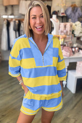 Yellow Stripe Half Zipper Placket Bracelet Sleeve Top Casual Shorts Set