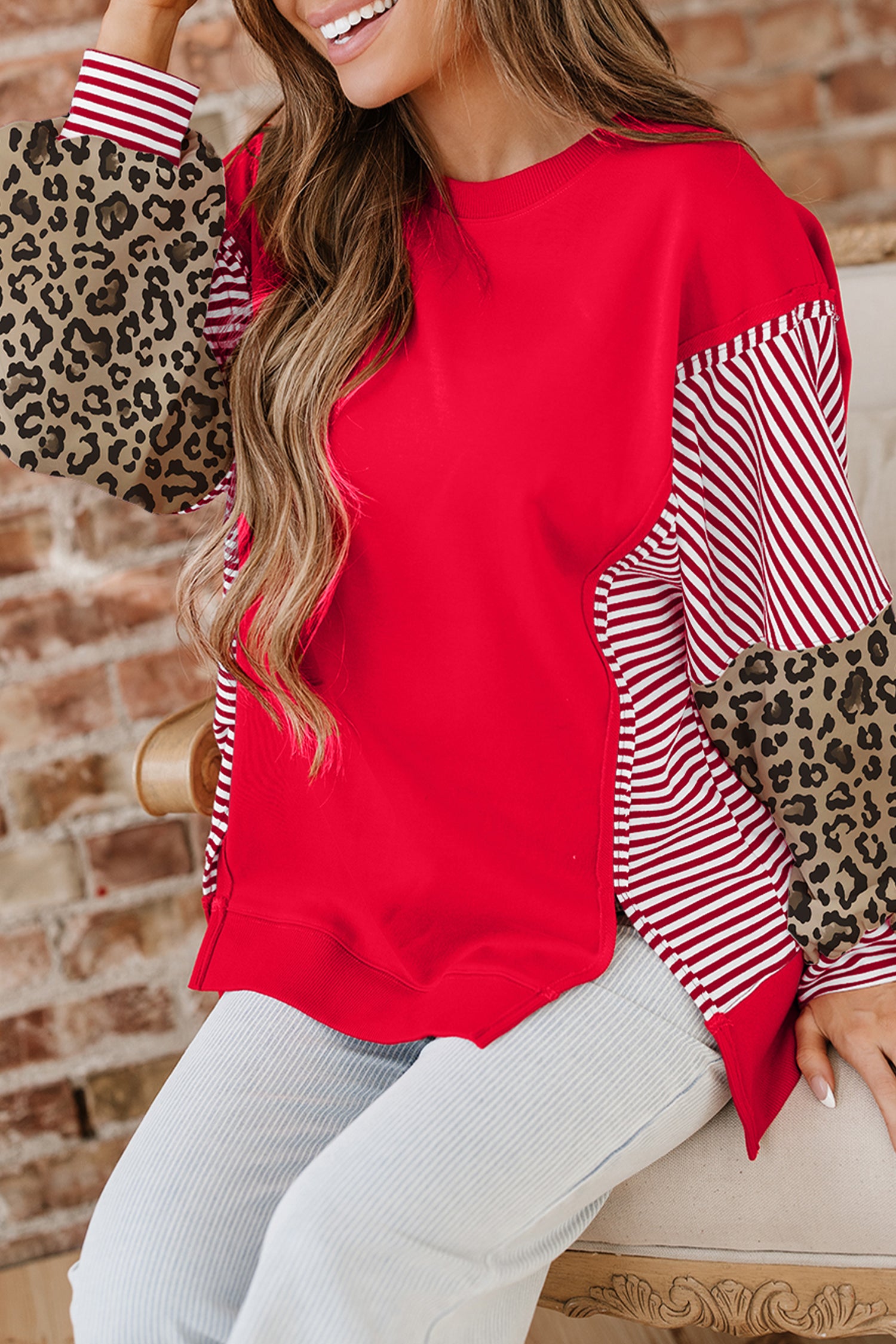 Racing Red Striped Patchwork Sleeve Colorblock Sweatshirt