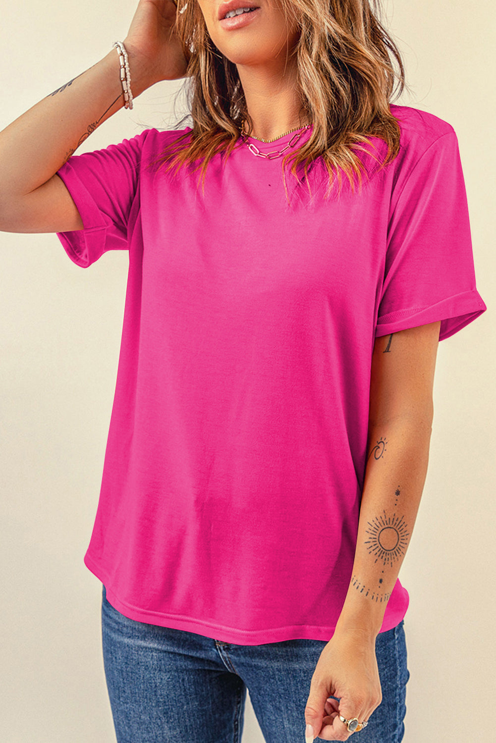 Yellow Cream Casual Plain Crew Neck Tee