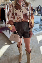 Brown Floral Print Button Down Poet Sleeve Shirt