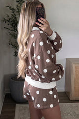 Brown Polka Dot Ribbed Trim Long Sleeve Top Casual Short Set