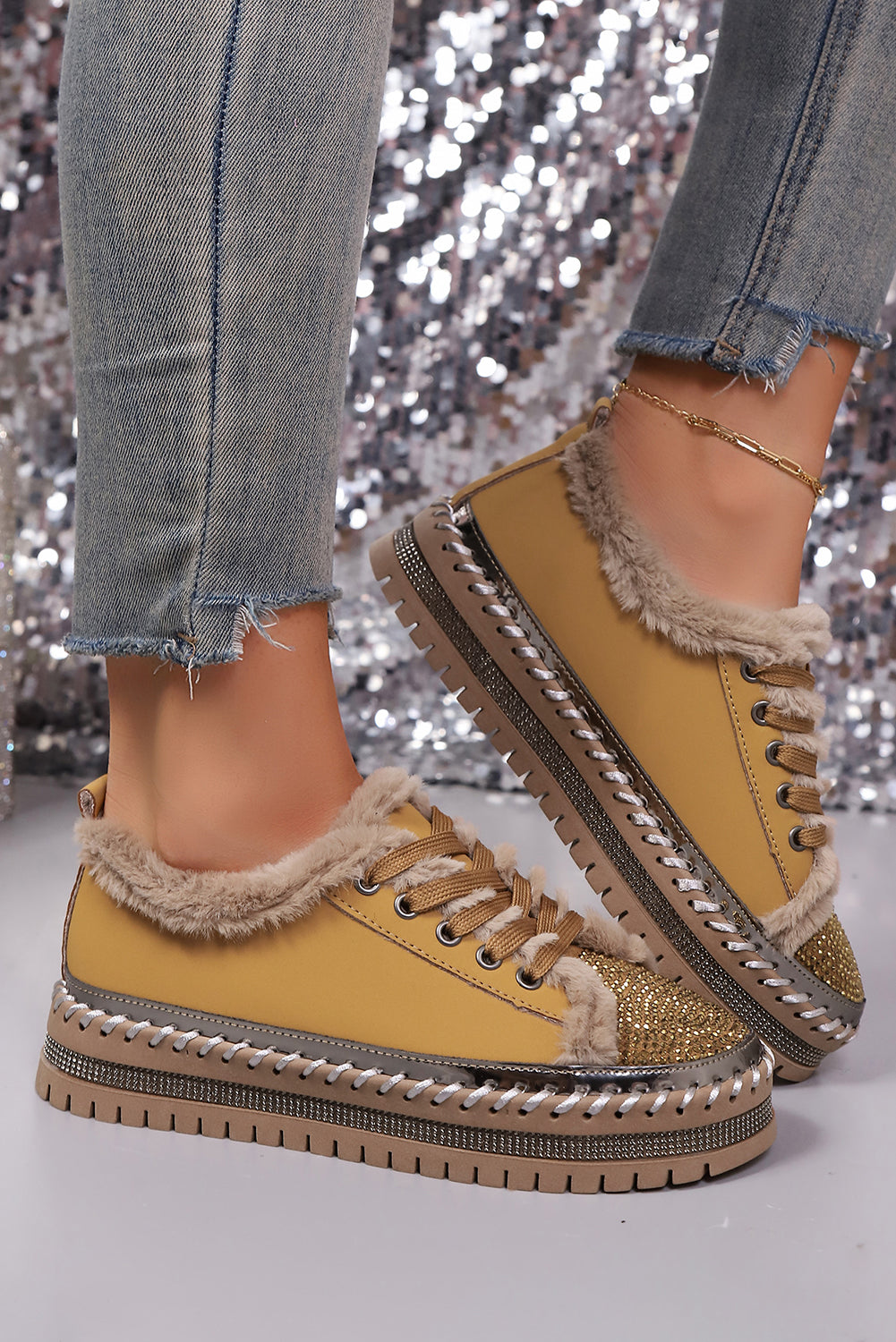 Thai Curry Fur Trimmed Patchwork Lace Up Platform Sneakers