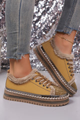 Thai Curry Fur Trimmed Patchwork Lace Up Platform Sneakers