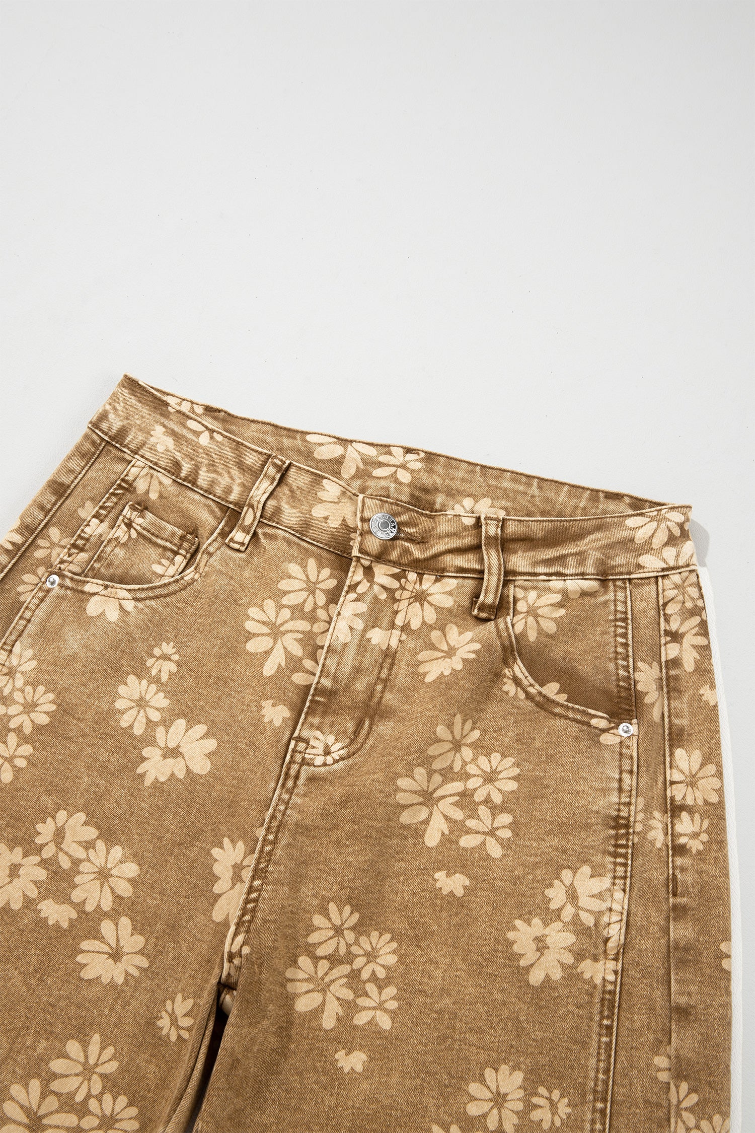 Khaki Floral Print Metal Button Pleated Straight Leg Jeans