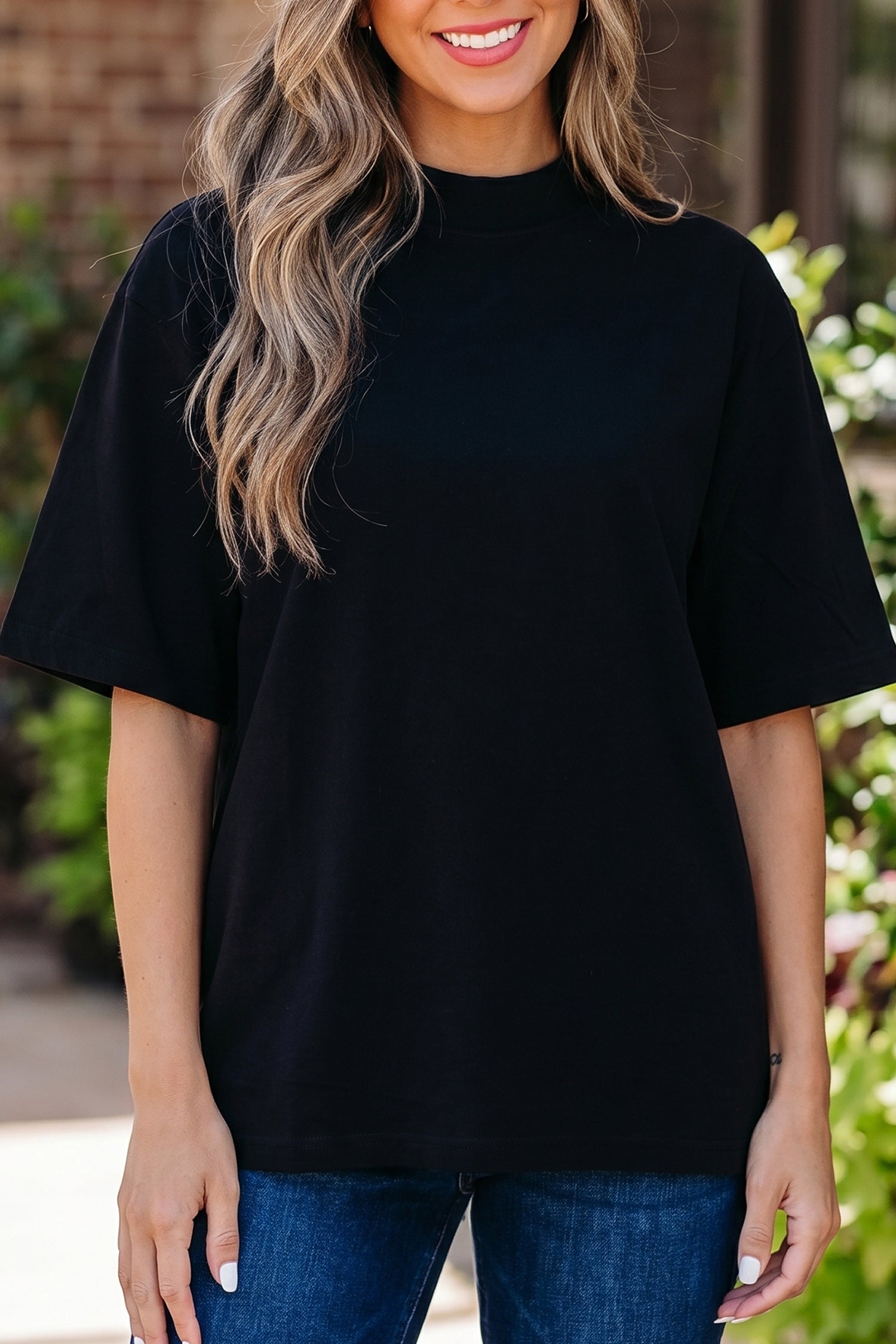 Dark Blue Solid Color High Neck Oversize Tee