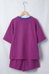 Navy Stripe Striped Ribbed Cotton Two-Piece Short Set with Chest Patch Detail