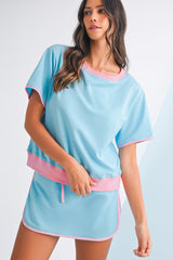 Turquoise Colorblock Edge Drop Shoulder T Shirt and Skort 2Pcs Set