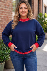 Dark Green Polka Dot Patchwork Round Neck Plus Size Sweatshirt