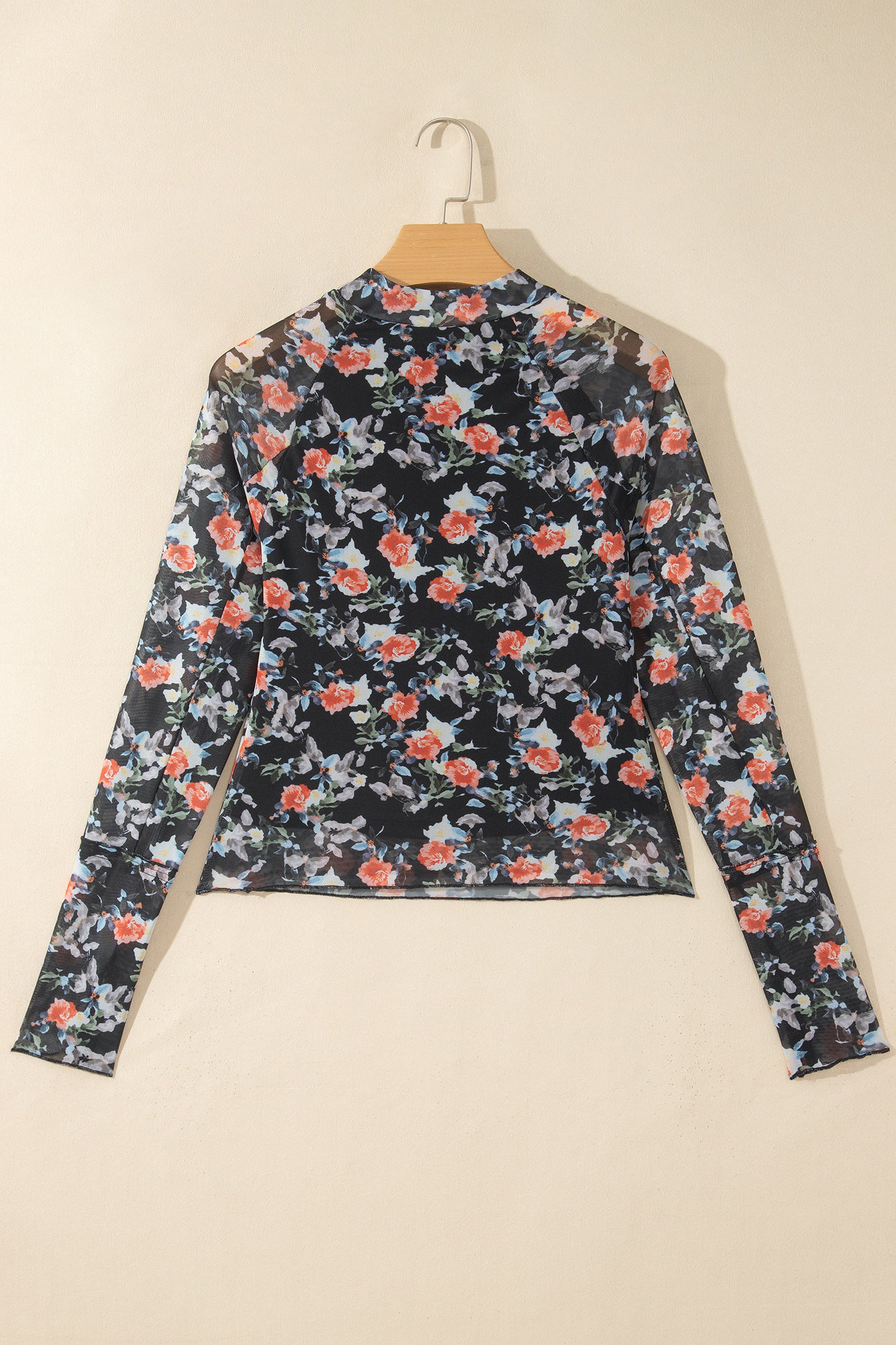 Black Floral Print Mesh Thumb Hole Long Sleeve Pullover Top