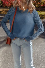 Dark Brown Contrast Cable Knit Sleeve Casual Sweater