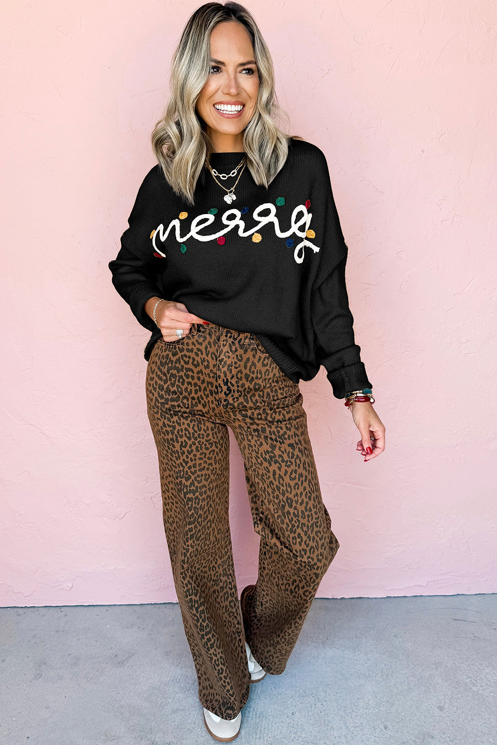 Black Merry Colorful Dot Detail Christmas Dolman Sweater
