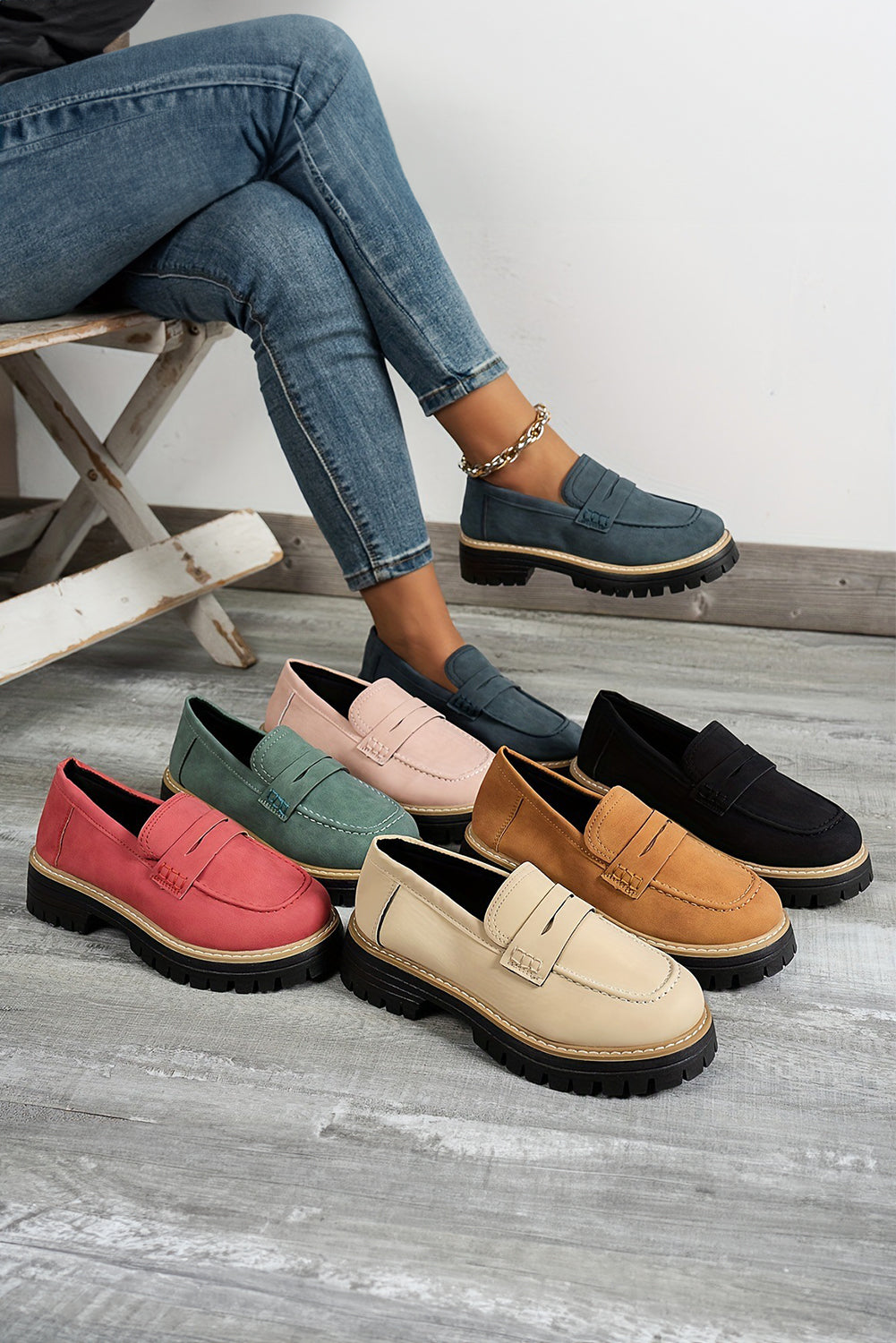 Black Contrast Color Platform Loafers