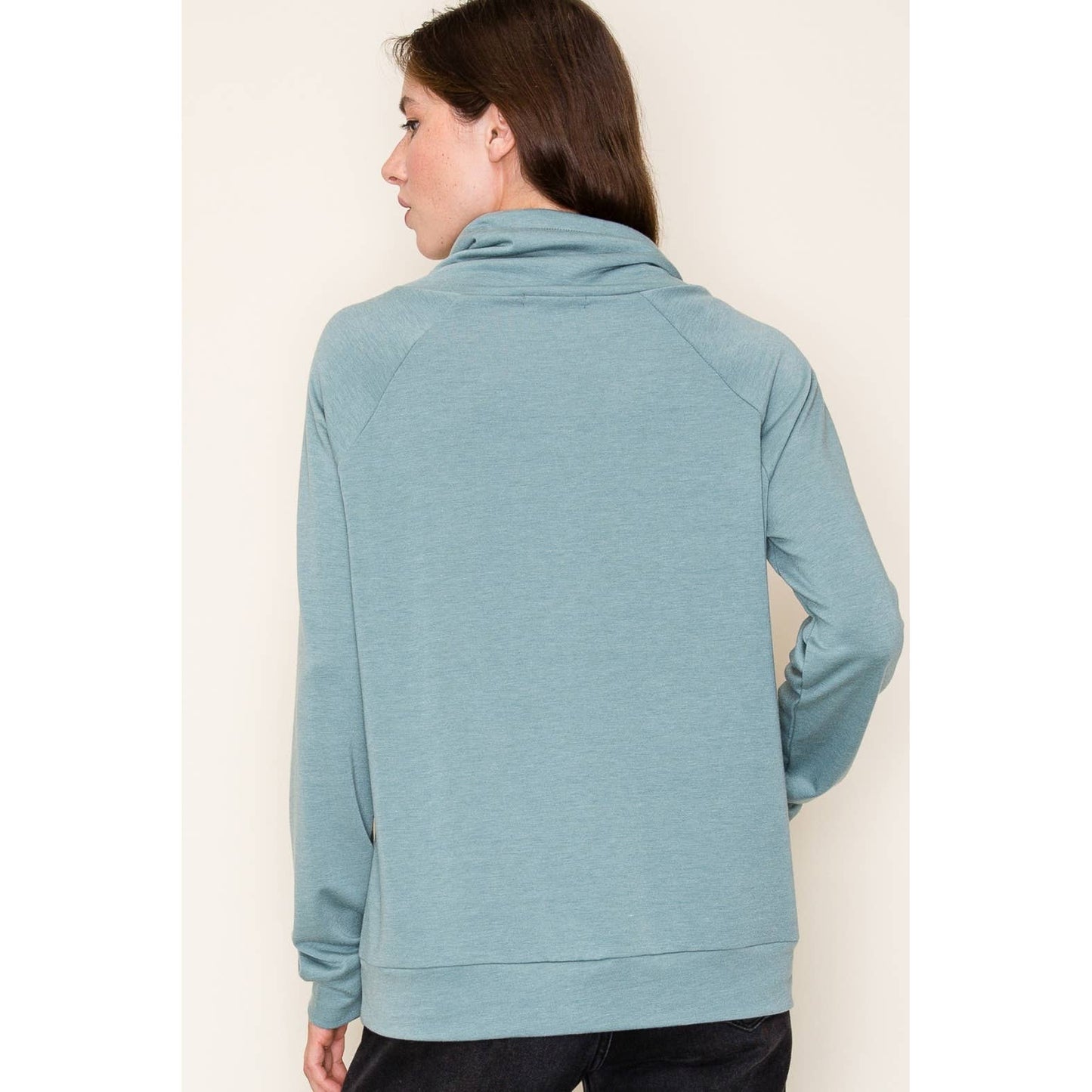 DRAWSTRING COWL NECK LONG SLEEVE FRENCH TERRY TOP