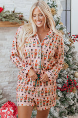 Pink Nutcracker March Long Sleeve Button Up 2pcs Pajama Short Set