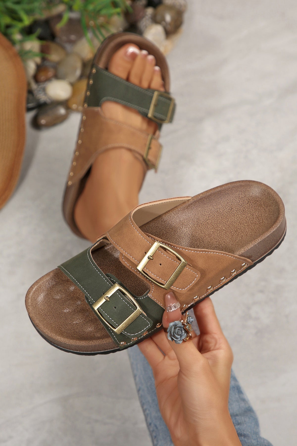 Blackish Green Retro Buckle Cutout Straps PU Leather Studded Slippers