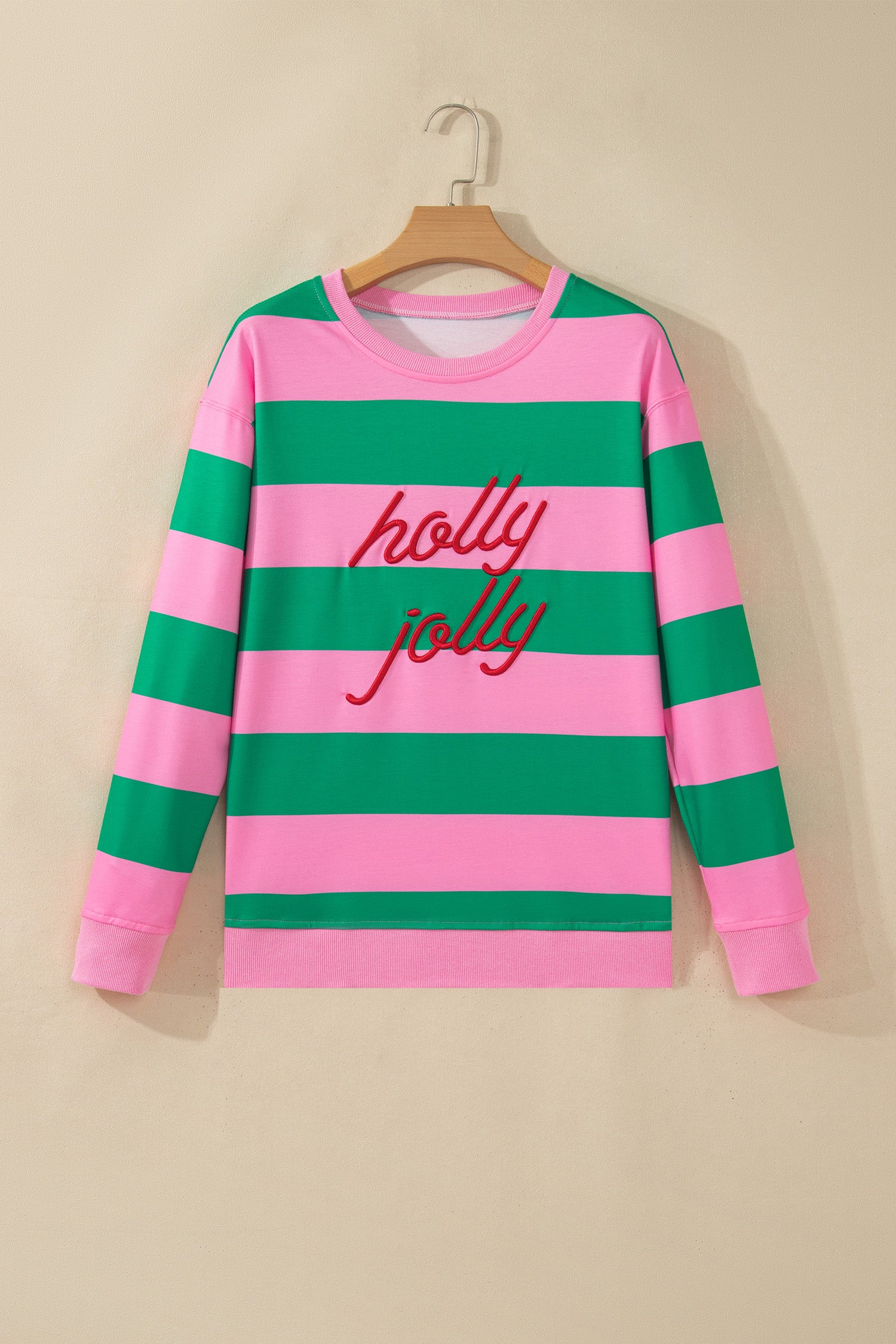 Red Stripe holly jolly Letter Embroidered Pullover Sweatshirt