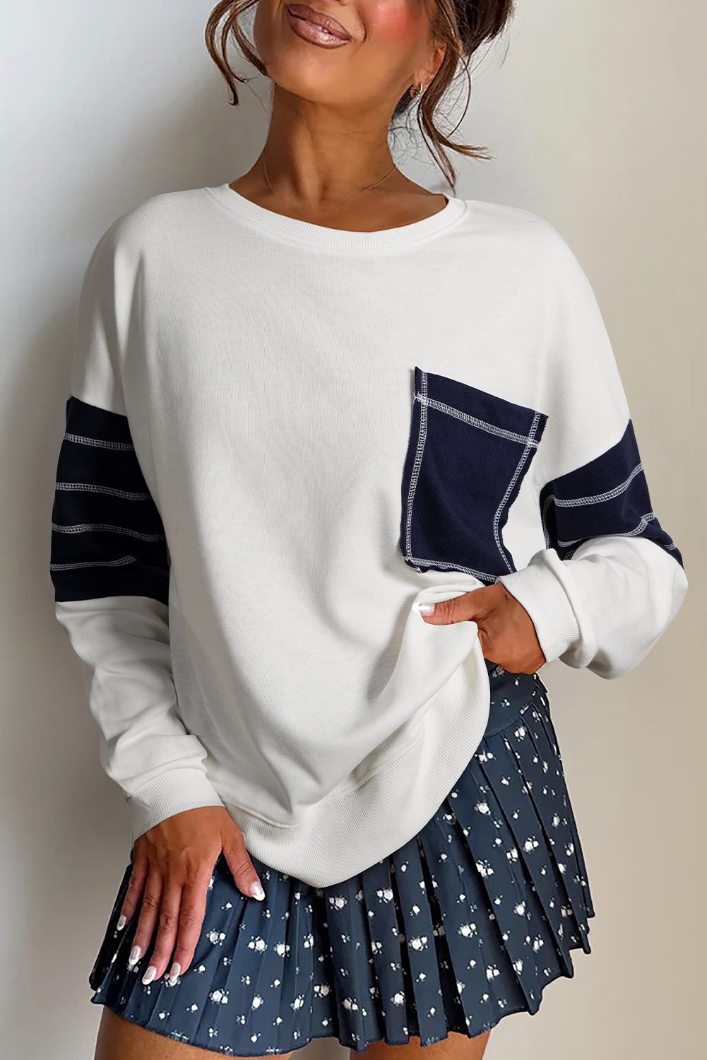 White Denim Patchwork Ribbed Round Neck Pullover Sweatshirt