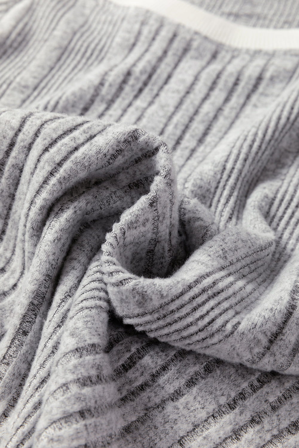 Gray Rib Texture Contrast Trim Round Neck Long Sleeve Top