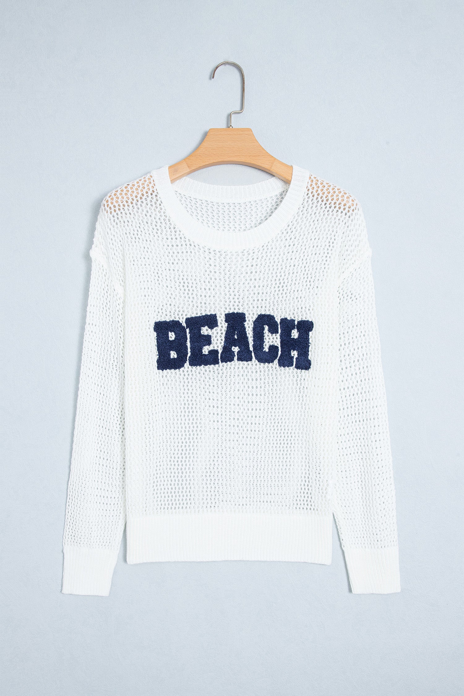 White Chenille BEACH Lettering Hollow Out Knit Casual Sweater