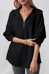 Black Half Zip Large Collar Drawstring Waist Pullover Sweatshirt