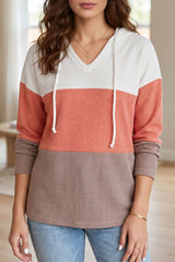 Gold Flame Ribbed Colorblock Hooded Pullover Long Sleeve Top