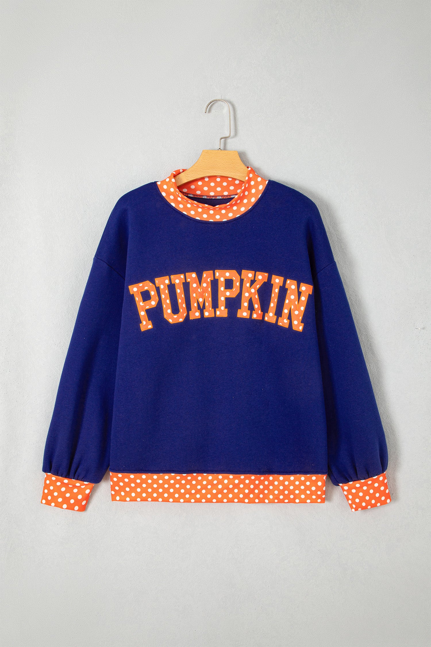 Sail Blue Polka Dot Letter Print Contrast Trim Mock Neck Sweatshirt