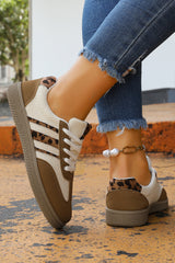 Coffee Color Block Leopard Patchwork Lace-up Flat Shoes